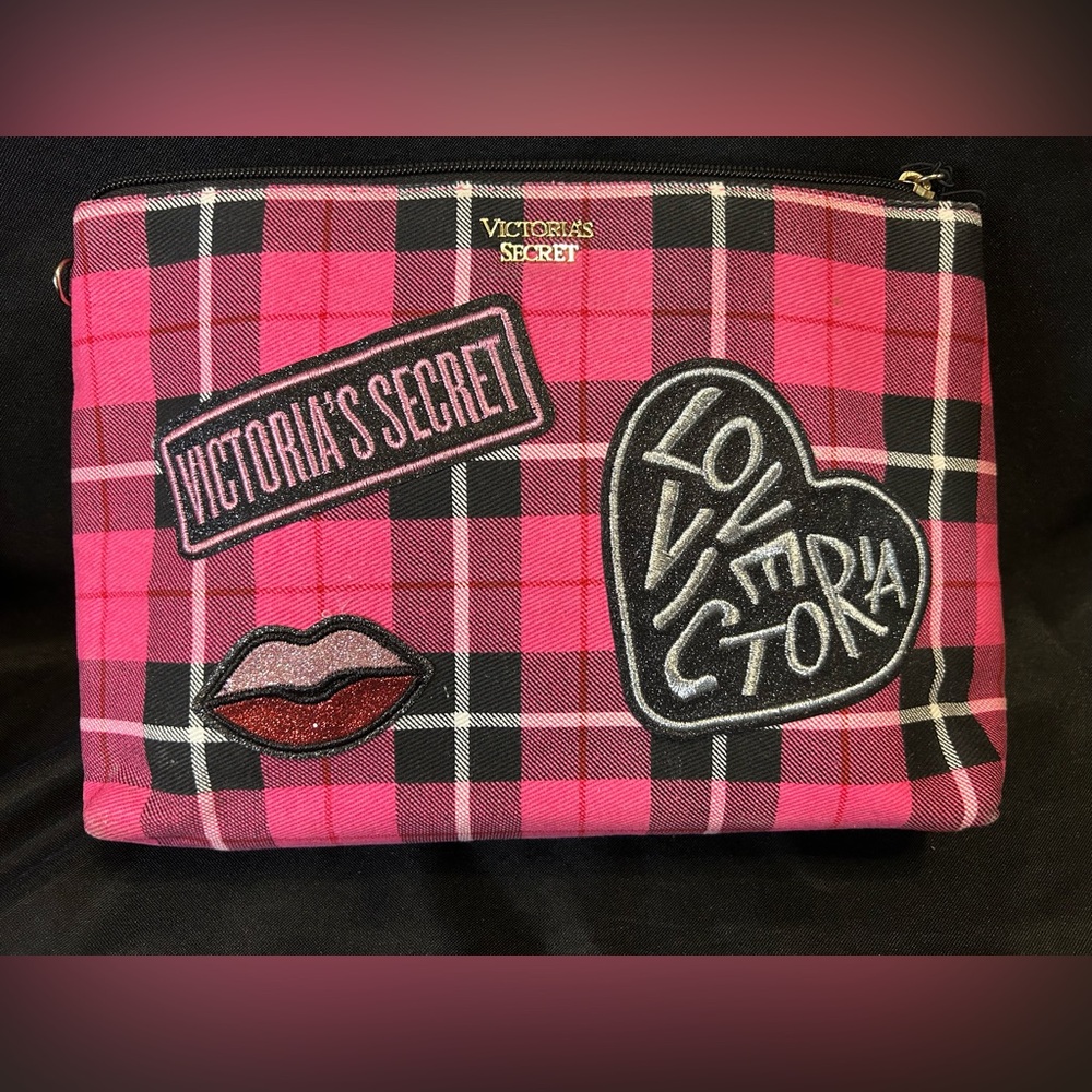 VICTORIAS SECRET BEAUTY PINK PLAID MAKEUP CASE CLUTCH BAG
